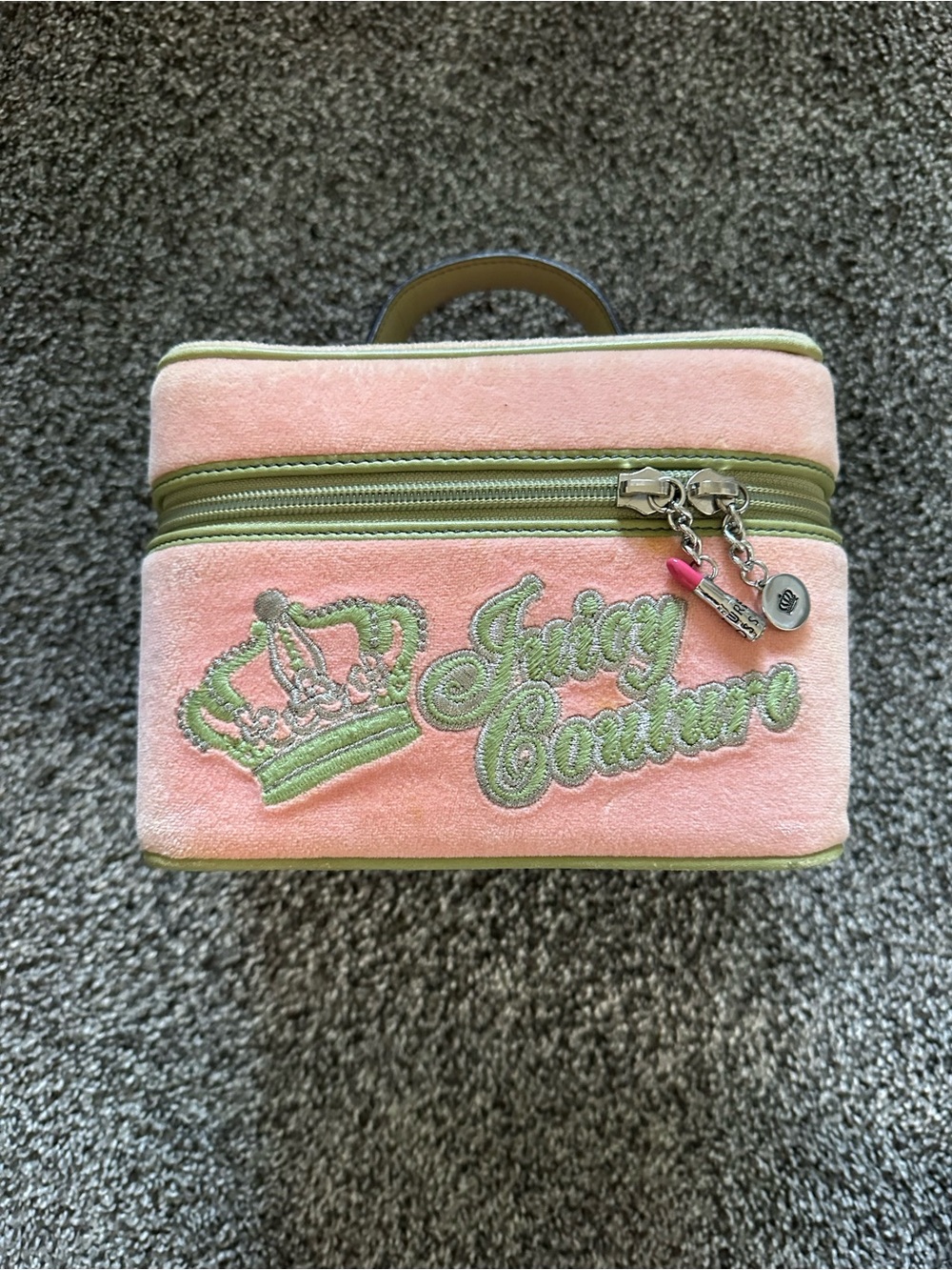 Juicy Couture Pink Velvet Travel Case with Green Trim and Embroidery